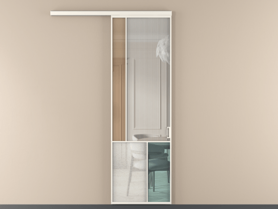 Алюминевая перегородка vd1_3 Алюминий пудровый белый Четыре стекла. Цвет Алюминий пудровый белый. Материал Алюминий в эмали. Коллекция Перегородка Mosaic вдоль стены 1 створка. Картинка.